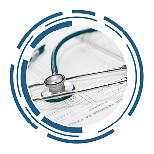 A stethoscope resting ontop of a medical document. The image is framed by a circular, futuristic design.